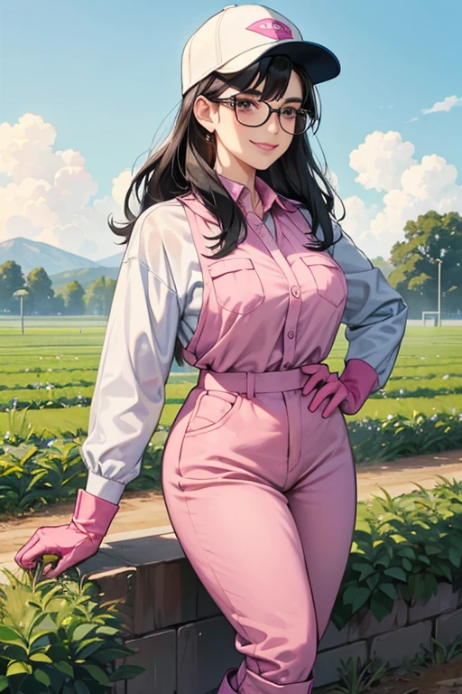 A mature woman with black hair and glasses, wearing a baseball cap and blue long-sleeved work clothes, working in the fields while smiling, wearing large pink rubber gloves and white rubber boots Thick eyebrows