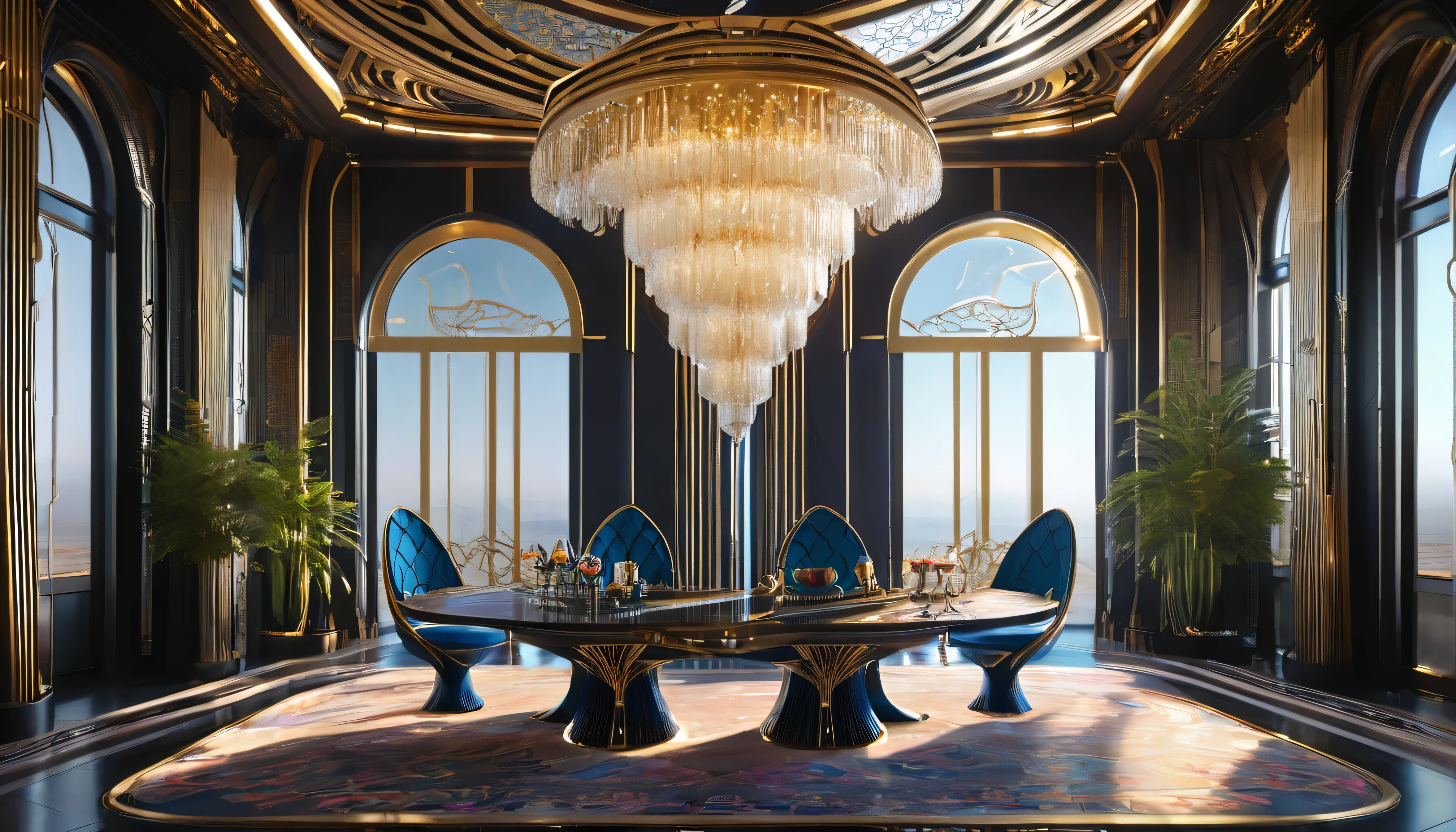 Tables and chairs、There is a dining room with a chandelier., cgsociety 9, Futuristic persian palace, cgsociety Unreal Engine, Redshift Houdini, Futuristic. Game CG, Unreal Engine Cinema 4D, Glamorous cyberpunk interior, Surreal Symmetry 8k, Rene Lalique and Eddie Mendoza, Cinematic Unreal 5, Cinematic Smoothness with Unreal Engine