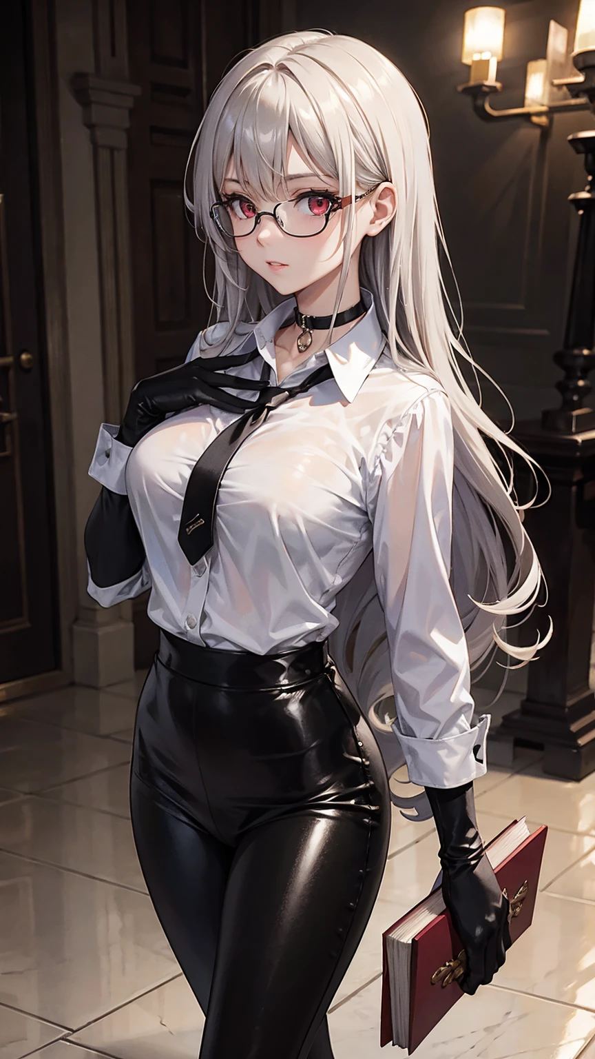 masterpiece, Superior image quality, High resolution, 4k image,photo and gross, photorealistic, whole body, 1 girl, walking, {{{vagina}}}, beautiful face, Long Silver Wavy Hair, Red eyes, very detailed eyes, shy expression, Glasses, choker:1.6, (white collar button down long sleeve shirt), black gloves, gloves that cover hands, holding a book with your hand, (shiny black leggings), Sensual Lips, show details in the eyes, front view, looking at the viewer, Mansion, at daytime, illuminated