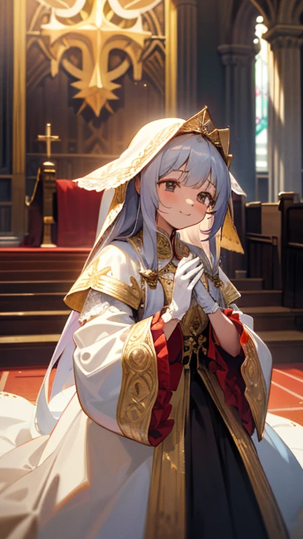In front of the altar of a majestic church、casting judgement with magic, her voice echoing beautifully. Magic gathers around her, enveloping her in a holy aura as she chants girl with long silver hair, Classic White Wedding Dresses、long white embroidered gloves, ceremonial robes, mass vestments, , enormous puffy sleeves, long cuffs with many buttons, golden embroidery, cross details, Long Train, lots of frills and lace, red capes, gently reaches out to you, gentle smile