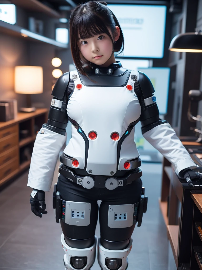 masterpiece, Highest quality, Very detailed, 8K Portrait,japanese android girl,Plump , Control panel,Robotic arms and legs, Blunt bangs,Charging Spot,She recharged her energy,Chubby,