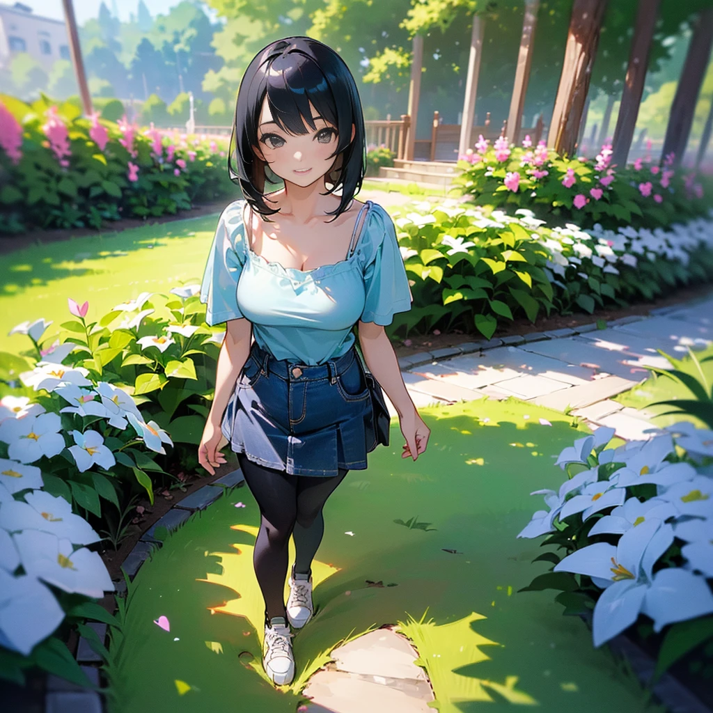 (high quality, High resolution, Very detailed, reality:1.37), Peaceful atmosphere, (Outdoor, garden), Teenage girl standing alone, (my breasts are big.), Beautiful details, Cute Smile, (Black bob hair), camisole, Denim skirt, Black tights, sneakers.