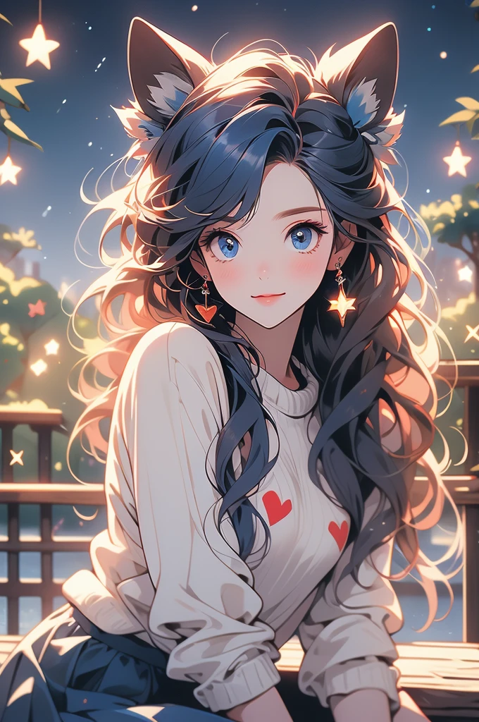 1 female,(Focus on face:1.15),(in the Park at night:1.2)red hair is fluttering,The moon is visible. Stars are visible,(wearing a  blue and red stripe Knit Fabric),(Longer sweaters),wearing a skirt,(cute),(upturned eyes),blue eyes,heart earrings,ring,nail art,red long hair,shooting star,smiling,Clear outline,High image quality,high resolution, high quality,4K,HoloDayo XL
