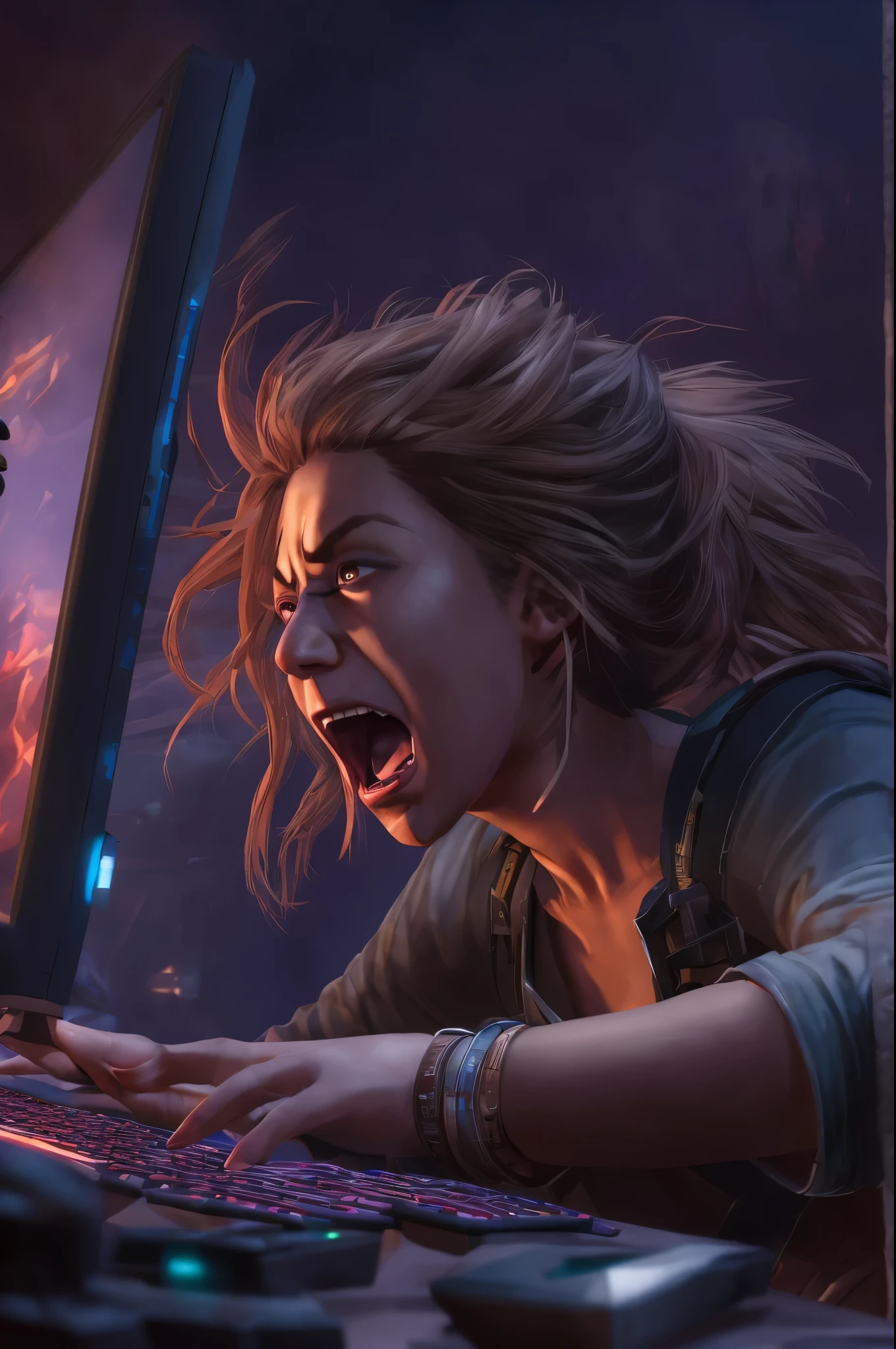 A woman yelling at a video game, detailed and realistic facial features, highly detailed eyes and expressive face, intense expression, beautiful detailed hair, tense body posture, dynamic hand gestures, gaming setup with computer monitor and gaming peripherals, atmospheric lighting, cinematic composition, photorealistic, unreal engine, 8k, high resolution, masterpiece, hyper detailed, concept art style