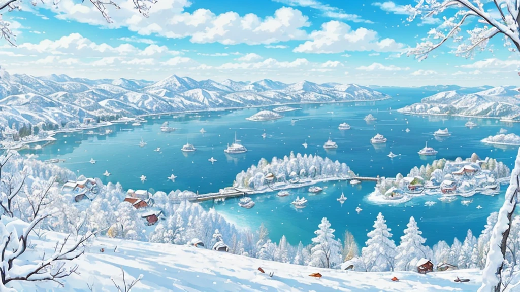 (8k, Highest quality, masterpiece: 1.2),,Very detailed, very beautiful、Southern Island in Winter、congestion、A lot of people、anime、Pale colors