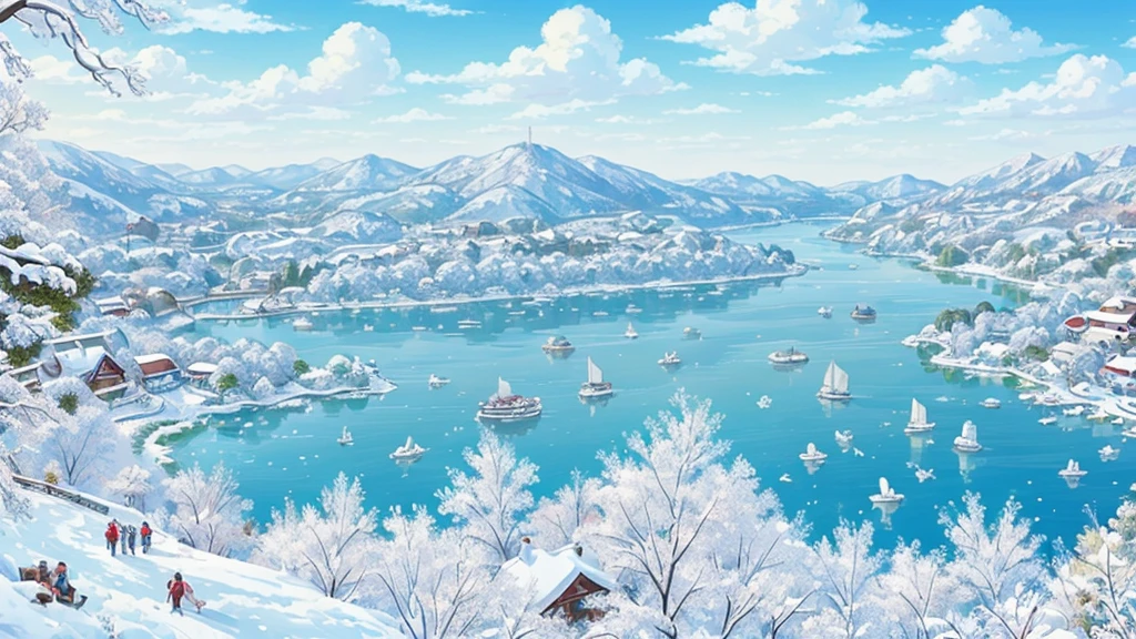 (8k, Highest quality, masterpiece: 1.2),,Very detailed, very beautiful、Southern Island in Winter、congestion、A lot of people、anime、Pale colors