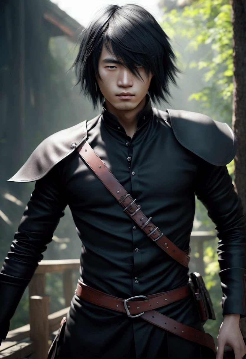 a young Japanese man of eighteen years of age, have fair skin, His eyes are blue and his hair is in an emo style with bangs covering part of his eye on the left side., the young man is six feet tall and two centimeters tall. captured in an ultra-realistic full HD 4K portrait, detailed texture showing its menacing shape, Immersive atmosphere, high definition shadow play, digitalpainting, nevoa no environment.