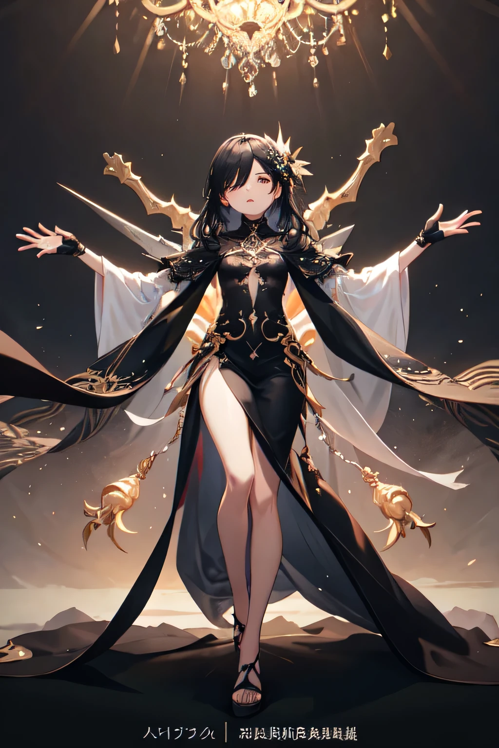 ((Highest quality)), ((masterpiece)), (detailed), 黒hair, Small eyes,Black clothes, look up, whole body,hair,Fair skin,長いhair,Four arms