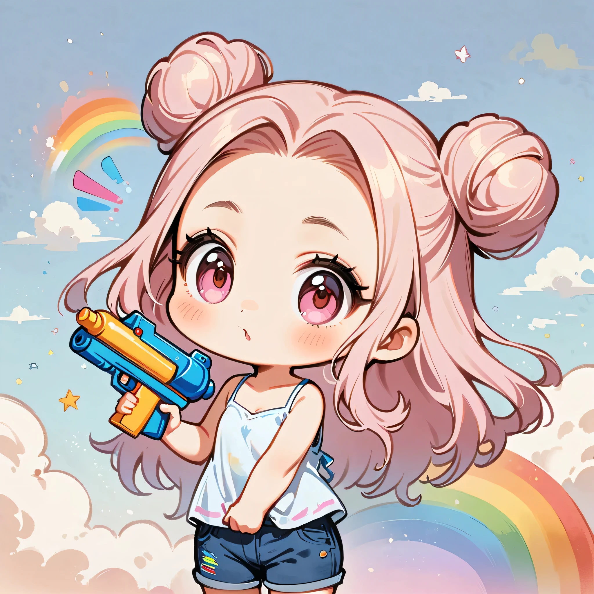 1 person,camisole、Wearing short jeans pants、Pink eyes,(Pale pink girl)、(((Long Hair))),Forehead exposed bun hairstyle、Paint a rainbow on a blue sky background、Play with a water gun、Cartoon style character design，interesting，interesting，Clean Lines