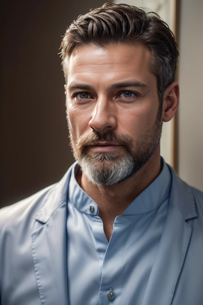 (CRU photo:1.2), ((photorrealistic:1.4),(work of art:1.3),(best qualityer:1.4),ultra high resolution,(detailed facial features),(detailed characteristics of clothes),HDR,8K resolution, firm skin, (shining skin),(Extremely detailed illustration),1 male dentist,looking 35 years old,to clean,sem beard, whole body,stare,