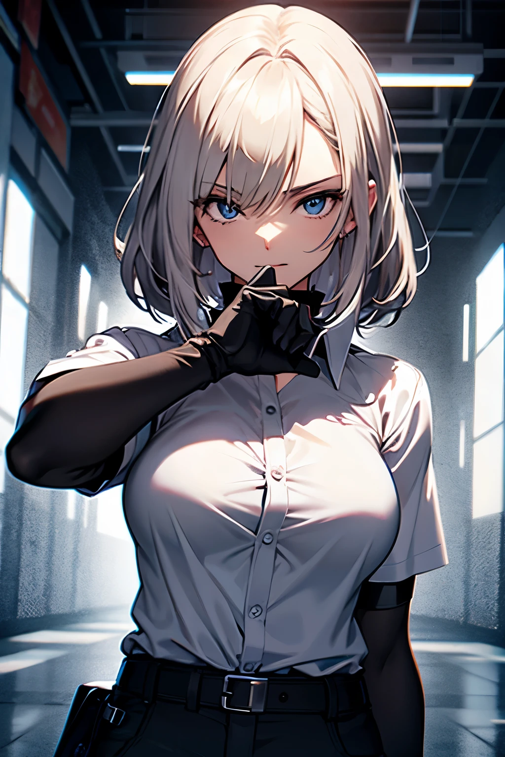 woman, white shirt, black elbow gloves