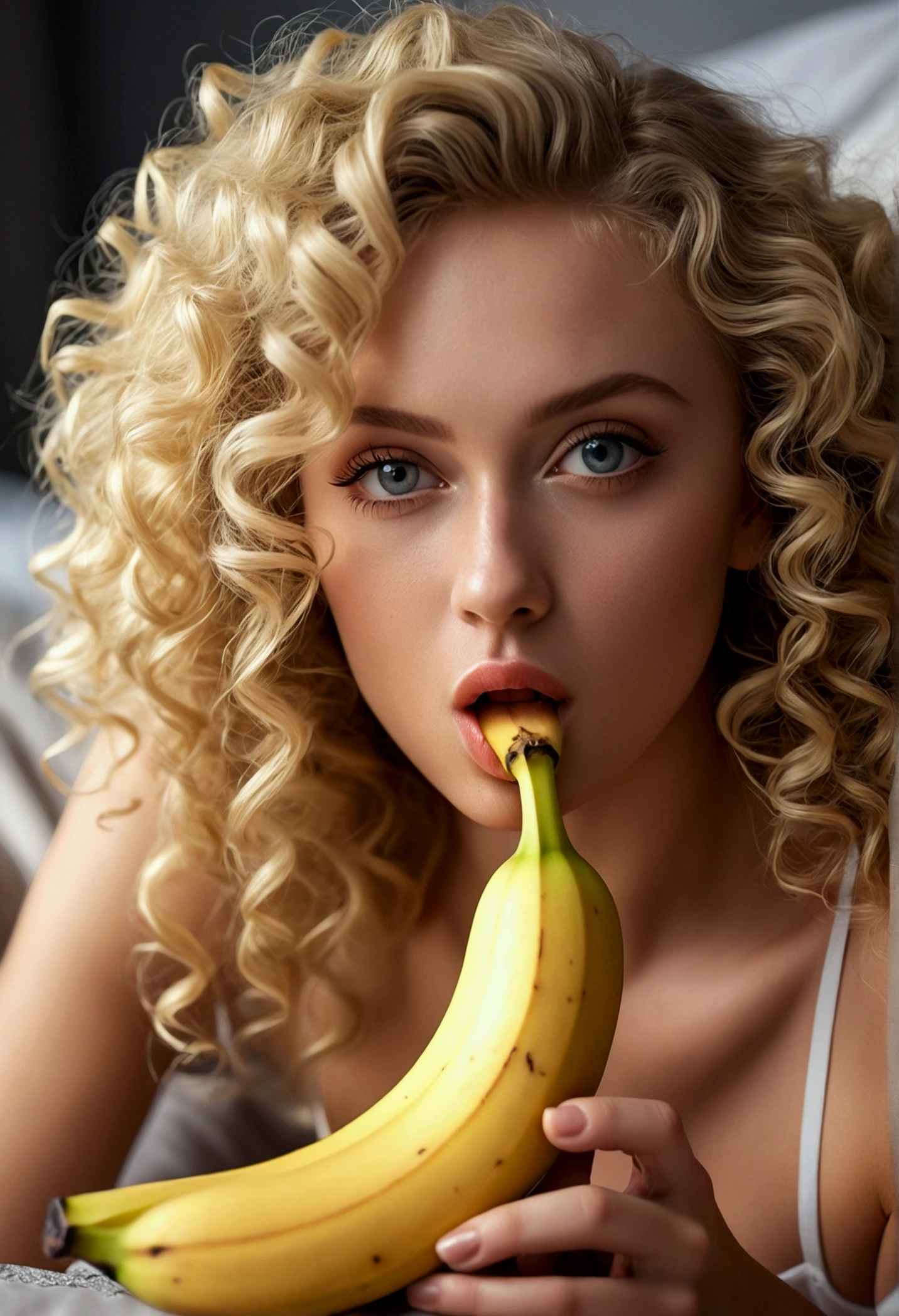a close-up of a beautiful woman with curly blonde hair and stunning eyes, sitting seductively on a bed, sensually touching her intimate area and licking a banana, (best quality,4k,8k,highres,masterpiece:1.2),ultra-detailed,(realistic,photorealistic,photo-realistic:1.37),highly detailed facial features, detailed skin texture, dramatic lighting, cinematic composition, warm color tones