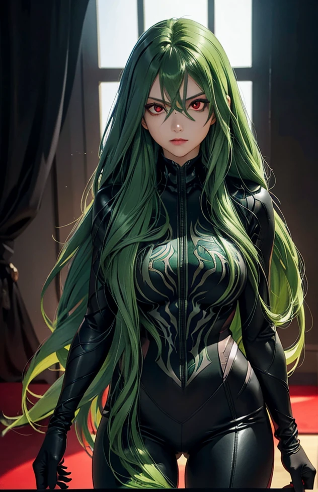 Woman with long hair straight, green hair, high detailed, realistic, ultra realistic, villain, black shirt and short pant, black symbiote suit, as venom, ((red eyes))