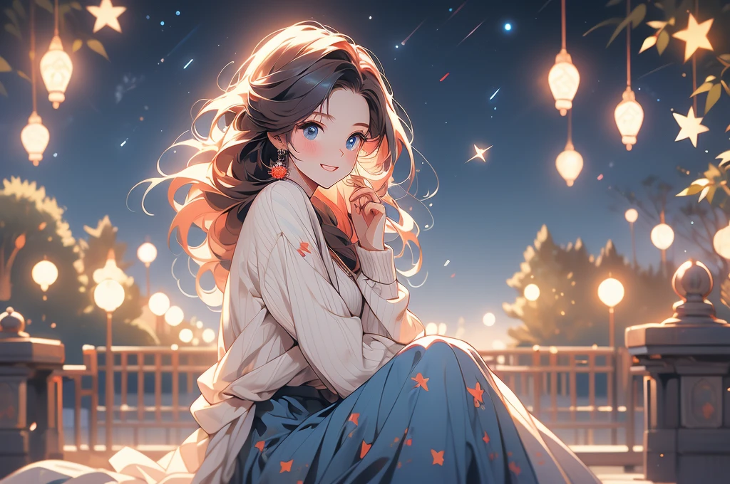 1 female,(Focus on face:1.15),(in the Park at night:1.2)red hair is fluttering,The moon is visible. Stars are visible,(wearing a blue and red stripe Knit Fabric),(Longer sweaters),wearing a skirt,(cute),(upturned eyes),blue eyes,heart earrings,ring,nail art,red long hair,shooting star,smiling,Clear outline,High image quality,high resolution, high quality,4K,HoloDayo XL