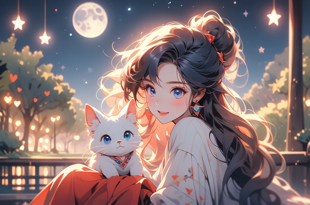 1 female,(Focus on face:1.15),(in the Park at night:1.2)red hair is fluttering,The moon is visible. Stars are visible,(wearing a blue and red stripe Knit Fabric),(Longer sweaters),wearing a skirt,(cute),(upturned eyes),blue eyes,heart earrings,ring,nail art,red long hair,shooting star,smiling,Clear outline,High image quality,high resolution, high quality,4K,HoloDayo XL