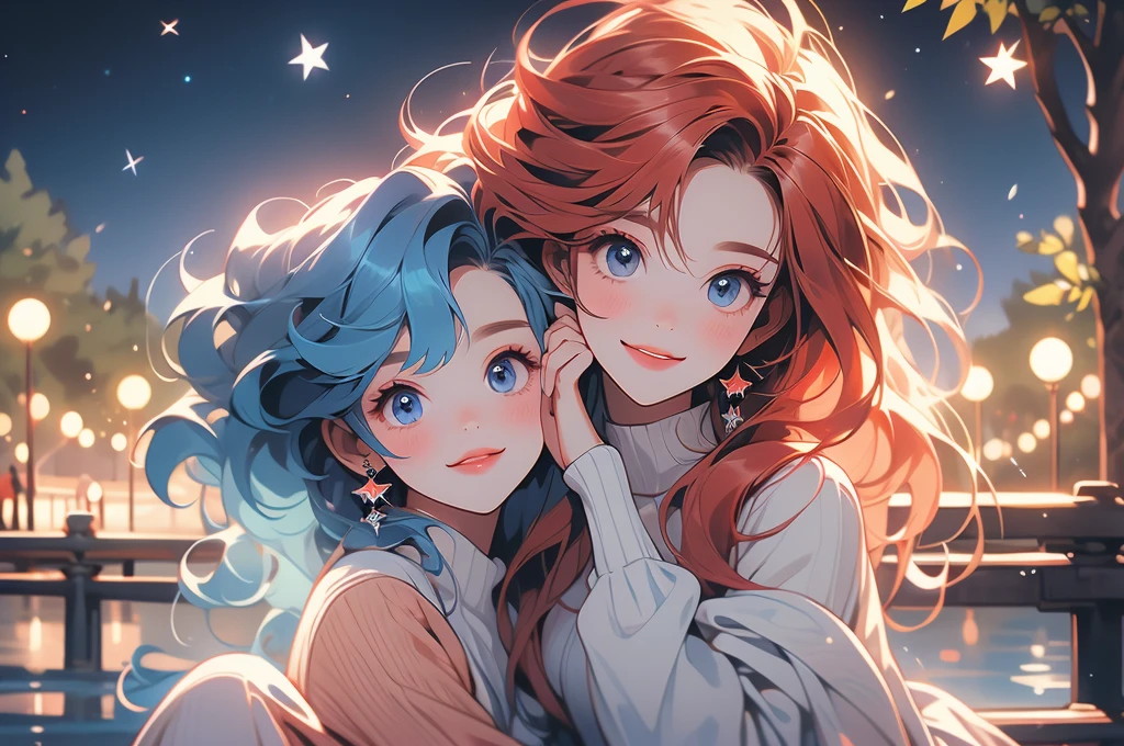 1 female,(Focus on face:1.15),(in the Park at night:1.2)red hair is fluttering,The moon is visible. Stars are visible,(wearing a blue and red stripe Knit Fabric),(Longer sweaters),wearing a skirt,(cute),(upturned eyes),blue eyes,heart earrings,ring,nail art,red long hair,shooting star,smiling,Clear outline,High image quality,high resolution, high quality,4K,HoloDayo XL