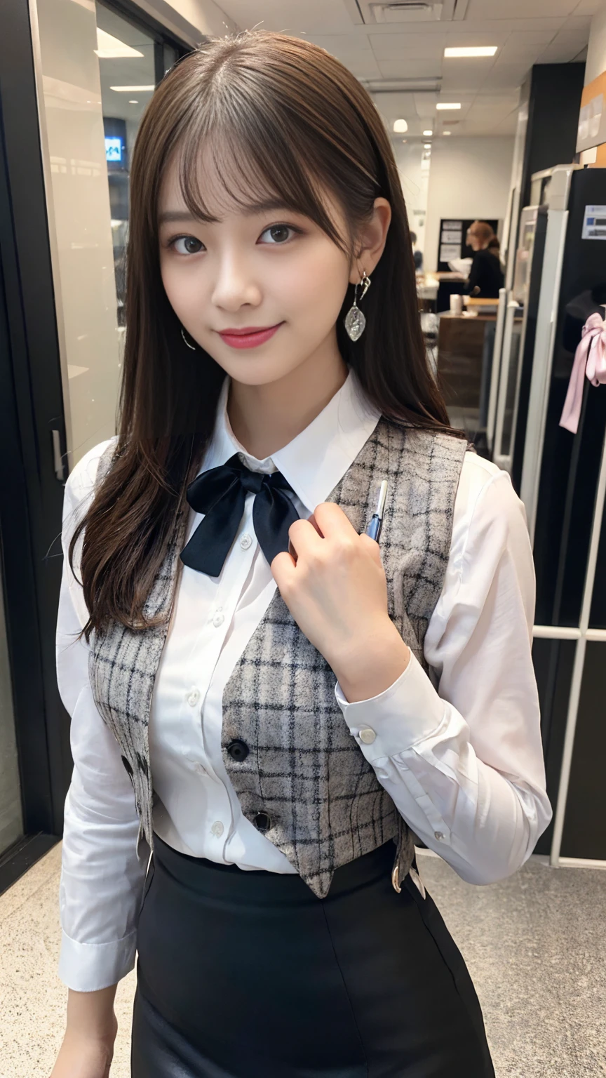 ((((1 Lady Lil,))))  (masterpiece), (Realistic), (Highest quality), (Very detailed),  Awesome 30 year old wife,  Panty shot, Long brown hair, office lady, Wearing a pink plaid vest, White short sleeve shirt, Grey pencil skirt, Wear stiletto heels, necklace, Earrings,  Cute Face, smile, blush, Shyness, Glass Wall, Super detailed, Realistic, Front view, whole body, (Wearing [[White and grey check pattern]] A vest worn over a white-collared long-sleeved shirt:1.4), (Grey buttoned vest:1.2), (Pink Theme:1.2), (blue ribbon ribbon:1.3), (Black Theme:1.4), (tight black pencil skirt:1.5), ((Brown pantyhose)), (High heels:1.1),Long skirt,transaction machine, Office chair,Lullabre Unity 8K Wallpaper, Beautiful background, clearly, Highest quality, Highest Resolution, Best aesthetics,Very detailed CG ユニティ 8k,