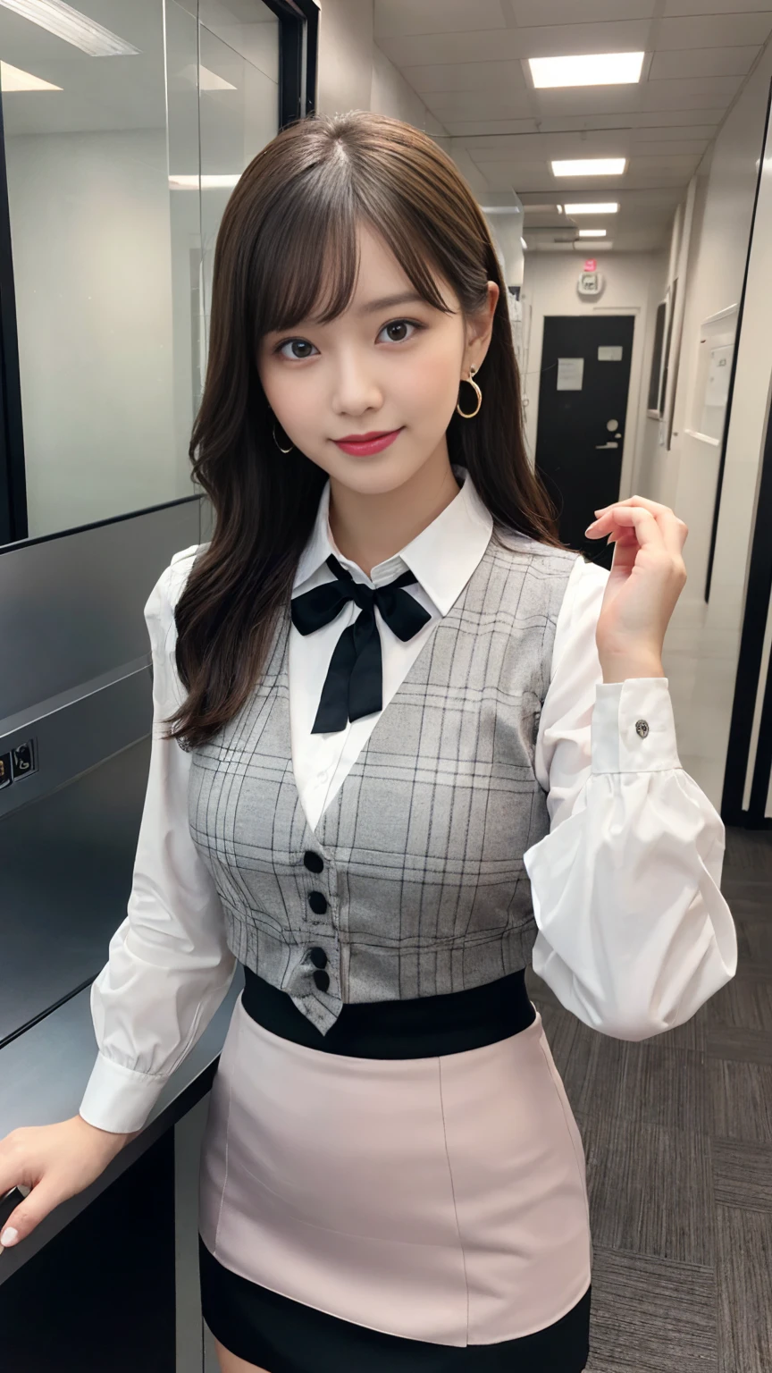 ((((1 Lady Lil,))))  (masterpiece), (Realistic), (Highest quality), (Very detailed),  Awesome 30 year old wife,  Panty shot, Long brown hair, office lady, Wearing a pink plaid vest, White short sleeve shirt, Grey pencil skirt, Wear stiletto heels, necklace, Earrings,  Cute Face, smile, blush, Shyness, Glass Wall, Super detailed, Realistic, Front view, whole body, (Wearing [[White and grey check pattern]] A vest worn over a white-collared long-sleeved shirt:1.4), (Grey buttoned vest:1.2), (Pink Theme:1.2), (blue ribbon ribbon:1.3), (Black Theme:1.4), (tight black pencil skirt:1.5), ((Brown pantyhose)), (High heels:1.1),Long skirt,transaction machine, Office chair,Lullabre Unity 8K Wallpaper, Beautiful background, clearly, Highest quality, Highest Resolution, Best aesthetics,Very detailed CG ユニティ 8k,
