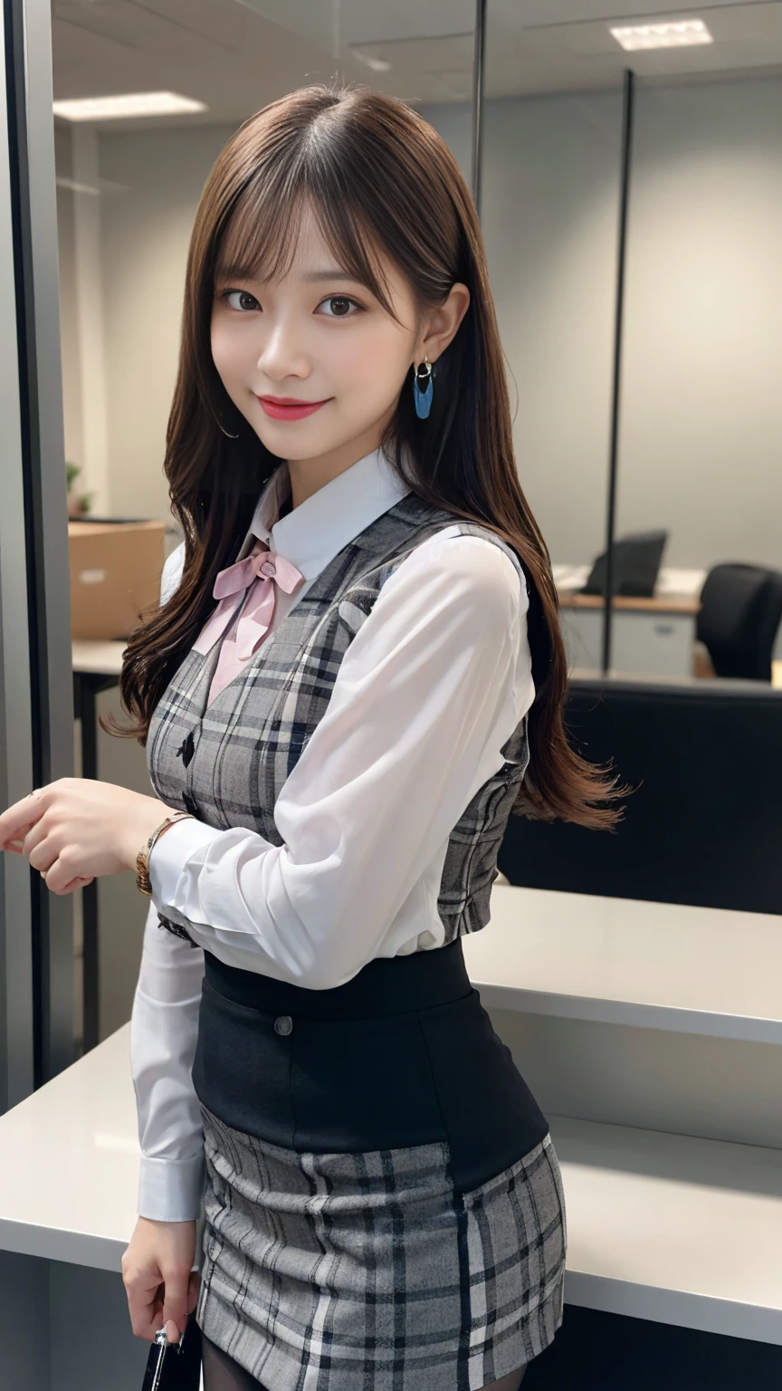 ((((1 Lady Lil,))))  (masterpiece), (Realistic), (Highest quality), (Very detailed),  Awesome 30 year old wife,  Panty shot, Long brown hair, office lady, Wearing a pink plaid vest, White short sleeve shirt, Grey pencil skirt, Wear stiletto heels, necklace, Earrings,  Cute Face, smile, blush, Shyness, Glass Wall, Super detailed, Realistic, Front view, whole body, (Wearing [[White and grey check pattern]] A vest worn over a white-collared long-sleeved shirt:1.4), (Grey buttoned vest:1.2), (Pink Theme:1.2), (blue ribbon ribbon:1.3), (Black Theme:1.4), (tight black pencil skirt:1.5), ((Brown pantyhose)), (High heels:1.1),Long skirt,transaction machine, Office chair,Lullabre Unity 8K Wallpaper, Beautiful background, clearly, Highest quality, Highest Resolution, Best aesthetics,Very detailed CG ユニティ 8k,