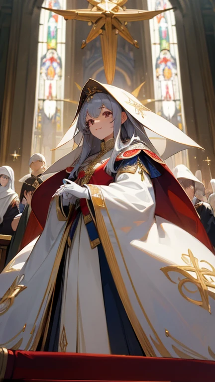 In front of the altar of a majestic church、casting judgement with magic, her voice echoing beautifully. Magic gathers around her, enveloping her in a holy aura as she chants girl with long silver hair, Classic White Wedding Dresses、pope's clothing, long white embroidered gloves, ceremonial robes, mass vestments, , enormous puffy sleeves, long cuffs with many buttons, golden embroidery, cross details, Long Train, lots of frills and lace, red capes, gently reaches out to you, gentle smile