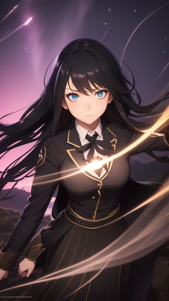 a young woman, ((night landscape)), magical, action pose, detailed face and eyes, long hair, school anime uniform, dramatic lighting, fantasy art, cinematic composition, vibrant colors, highly detailed, 8k, photorealistic, full body, movie poster