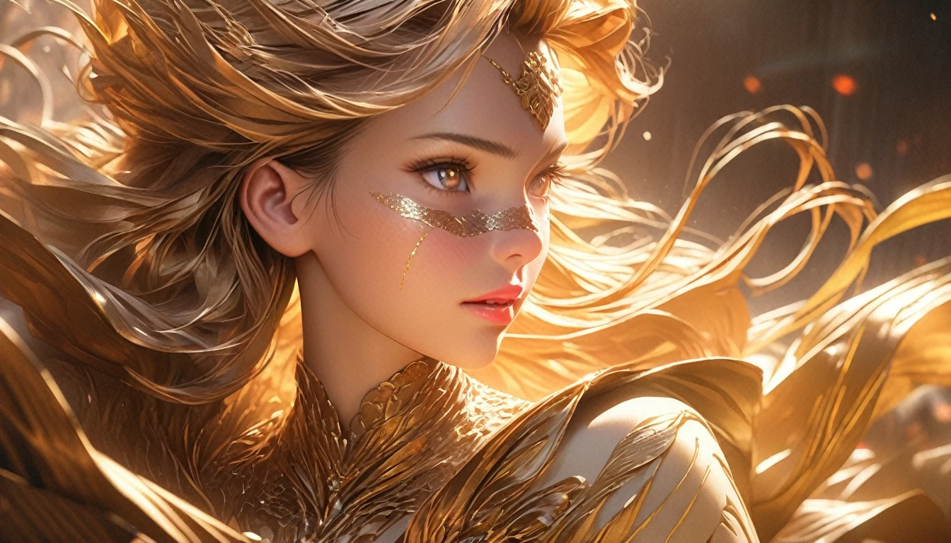 1 beautiful detailed anime girl, long golden hair, detailed face, detailed eyes, detailed nose, detailed lips, elegant, graceful, side view, front view, intricate details, high quality, masterpiece, photorealistic, 8K, hyper detailed, sharp focus, professional, vivid colors, dynamic lighting, dramatic lighting, fantasy, ethereal
