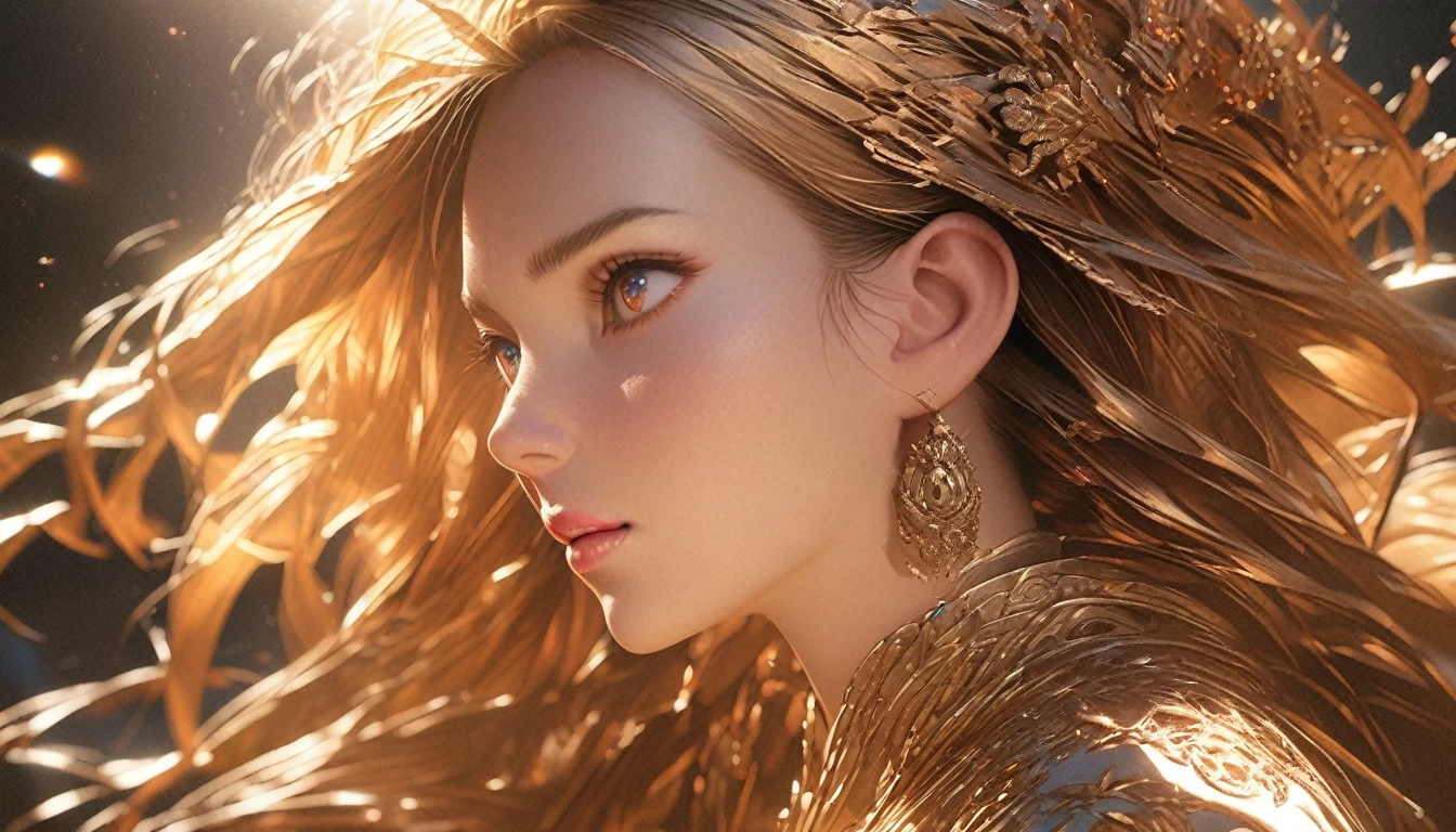 1 beautiful detailed anime girl, long golden hair, detailed face, detailed eyes, detailed nose, detailed lips, elegant, graceful, side view, front view, intricate details, high quality, masterpiece, photorealistic, 8K, hyper detailed, sharp focus, professional, vivid colors, dynamic lighting, dramatic lighting, fantasy, ethereal