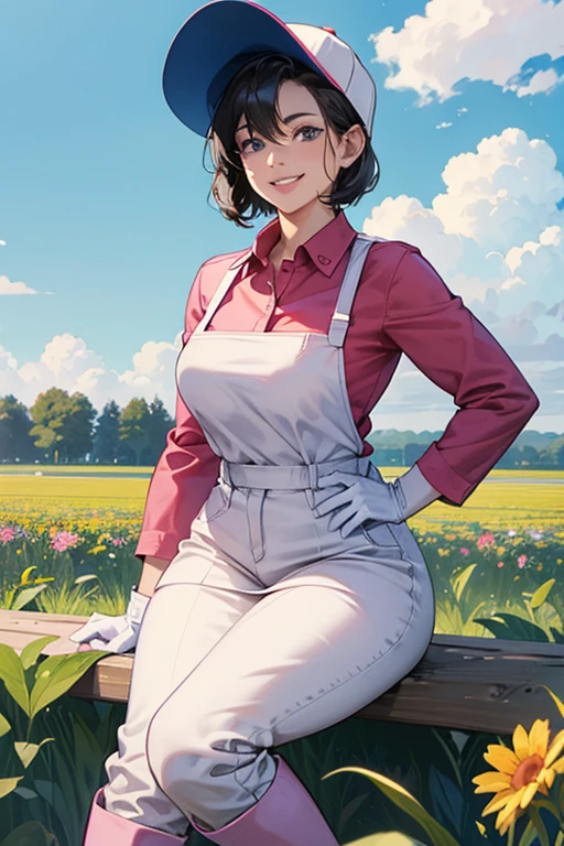 A muscular, short-haired mature woman with black hair and a baseball cap wearing blue long-sleeved work clothes and a large pair of pink rubber gloves and white rubber boots is working in the fields while smiling.