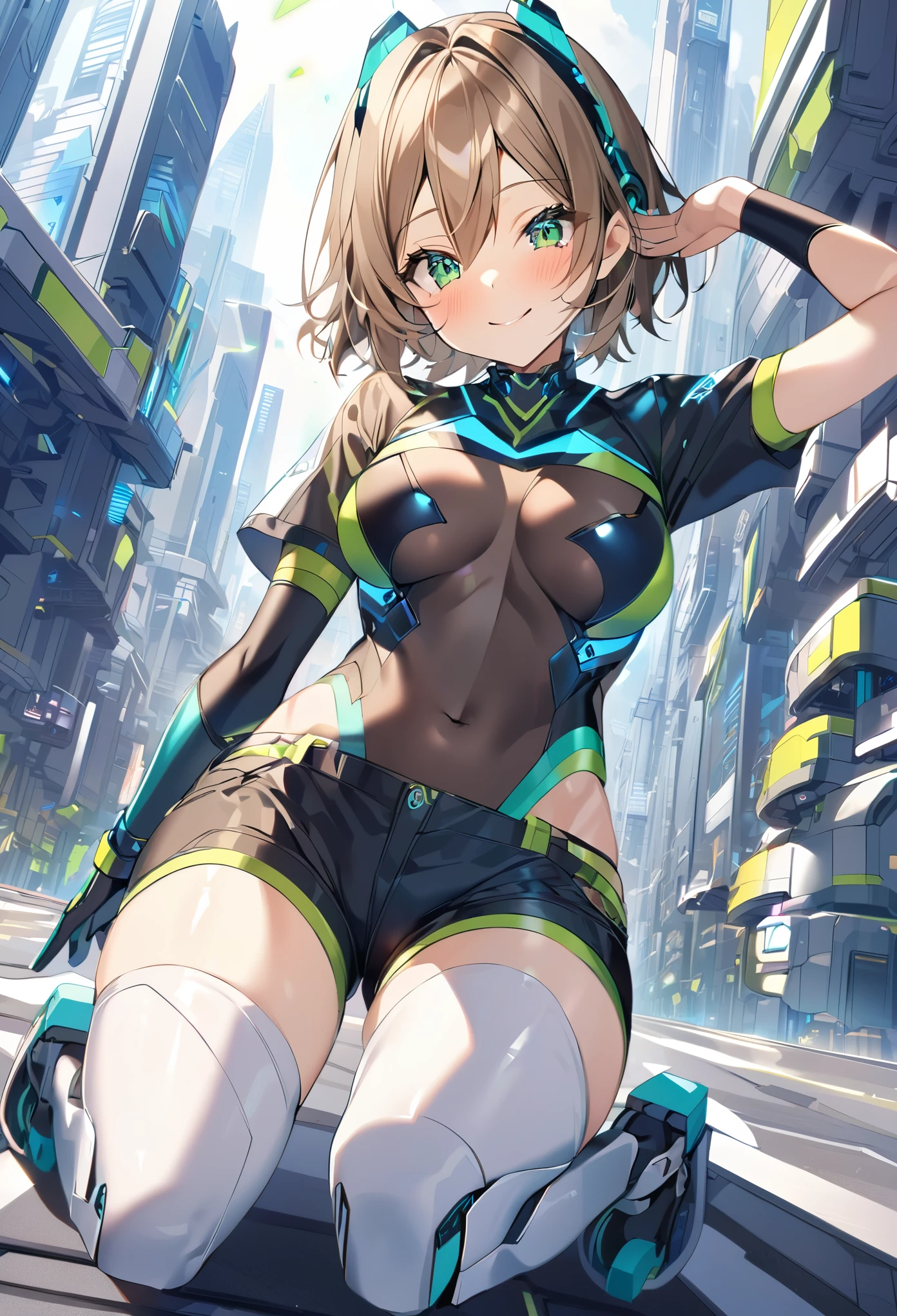 aile_megamanzx, kneeling with one hand on the ground and the other arm raised, 1girl, solo, short hair, brown hair, short sleeves, (bodysuit), robot ears, green eyes, (very_short_shorts:1.3), short sleeves, short over long sleeves, smile, in futuristic city, , high quality, medium_breasts,??????, slouch,groin,dynamic_angle