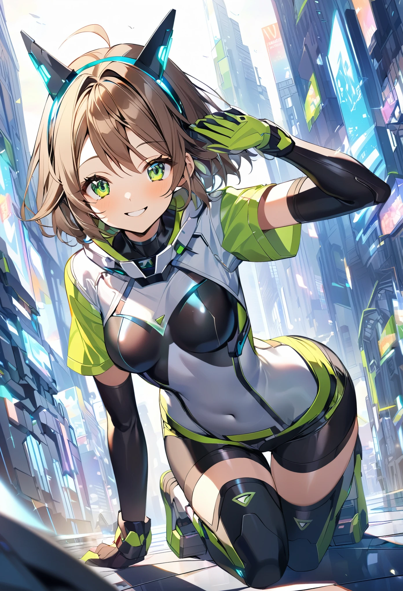 aile_megamanzx, kneeling with one hand on the ground and the other arm raised, 1girl, solo, short hair, brown hair, short sleeves, (bodysuit), robot ears, green eyes, (very_short_shorts:1.3), short sleeves, short over long sleeves, smile, in futuristic city, , high quality, medium_breasts,crotch, slouch,groin,dynamic_angle