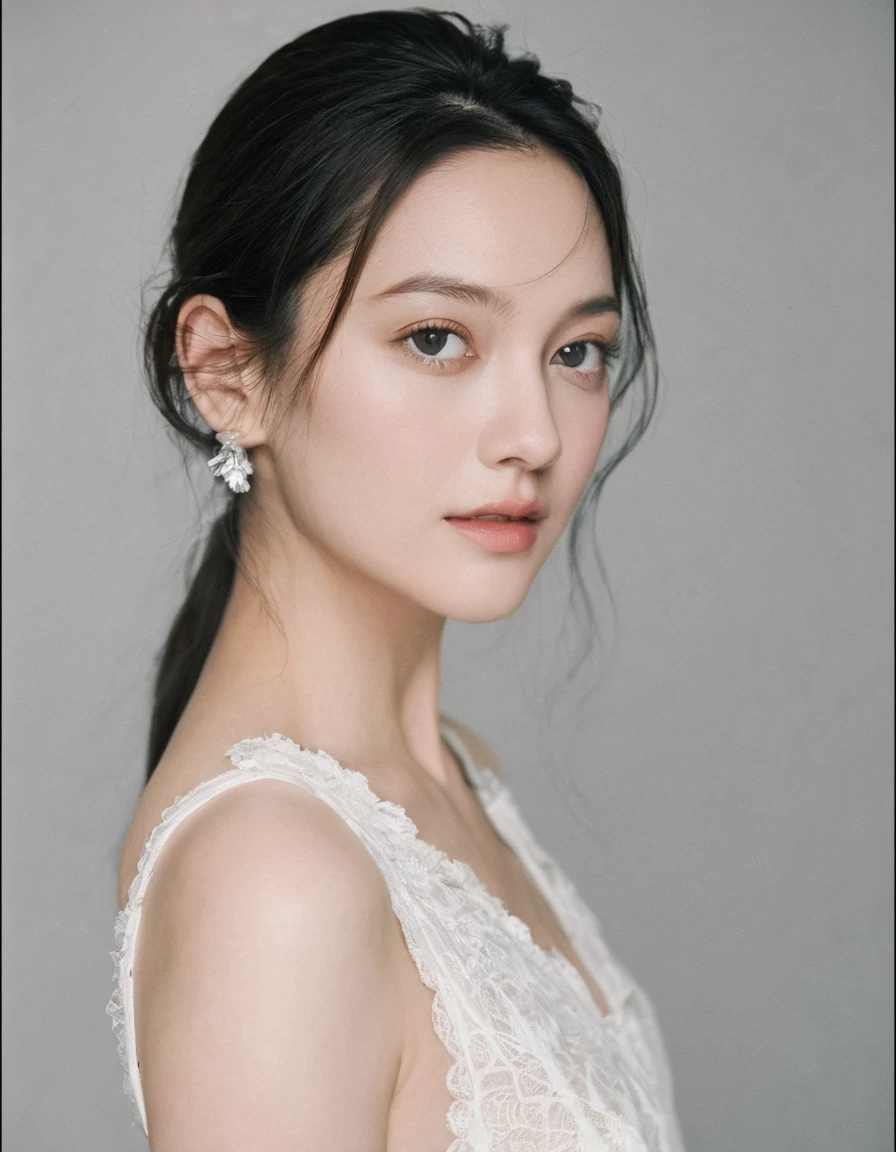 xxmixgirl, quite a bit body of a beautiful long and slender cute face Japanese girl, A gorgeous young cute asian woman in a sexy glamourous outfit, happy smiling, still from the film, ((young Marion Cotillard face : 1.2)), ((young Anne Hathaway face: 1.0)), from front, realistic portrait photo of a cute 21 years old girl, looks at viewer, wavy nose, full lips, natural skin, skin moles,(cinematic, film grain:1.1), ((asian winged eyes, very long and slender slim face, windy tousled, very long straight black hair)), pretty eyes, gorgeous, sexy, alluring, makeup, perfect face, seductive look, A fashion show in wedding costume, short white lace dress, white lace stockings, white high heel sandals, white corset, blonde hair in braids, 4K, Fashion show situation , a virtual audiences, futuristic colour, place, (Leica SL3, Summicron-SL 75 f/2 ASPH, kodak Ektar 200 film), hands up, bokeh, silhouette, shallowed depth of field, dynamic action pose, hands up,