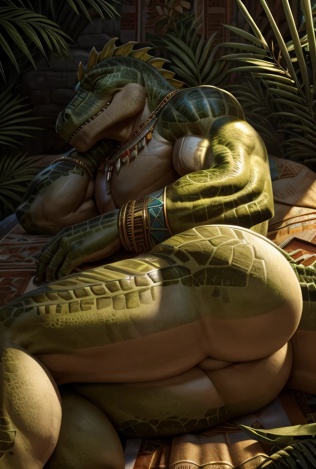 A muscle naked male green alligator, a muscle naked male green Lizardmen, sleeping on natural place , showing his butt, wearing aztec clothes and accesories , detailed hands, detailed seductive face, ultra detailed eyes, ultra detailed fingers, show naked legs, smooth snin, detailed butt, sad face