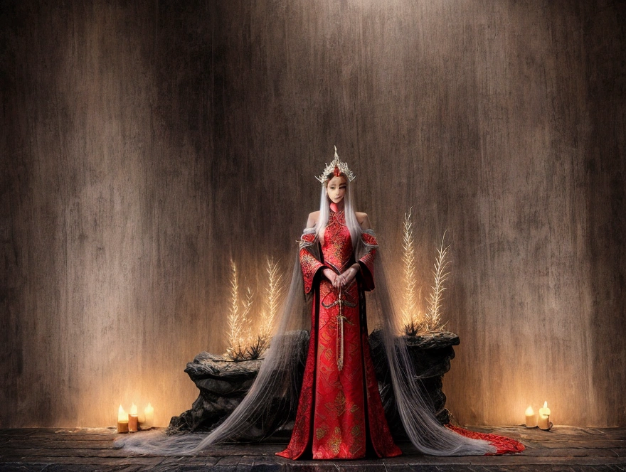 {A highly detailed and elegant illustration of a beautiful Chinese woman with long white hair, dressed in traditional white and red attire with intricate designs. She stands confidently with a majestic red and black dragon coiled around her, adding a powerful and mystical atmosphere. The background is dark, enhancing the contrast between her serene expression and the dragon's fierce presence. The composition highlights the flowing details of her hair and clothing, as well as the dragon's intricate scales, creating a visually captivating and harmonious image. --ar 16:9 --stylize 750 --v 6}