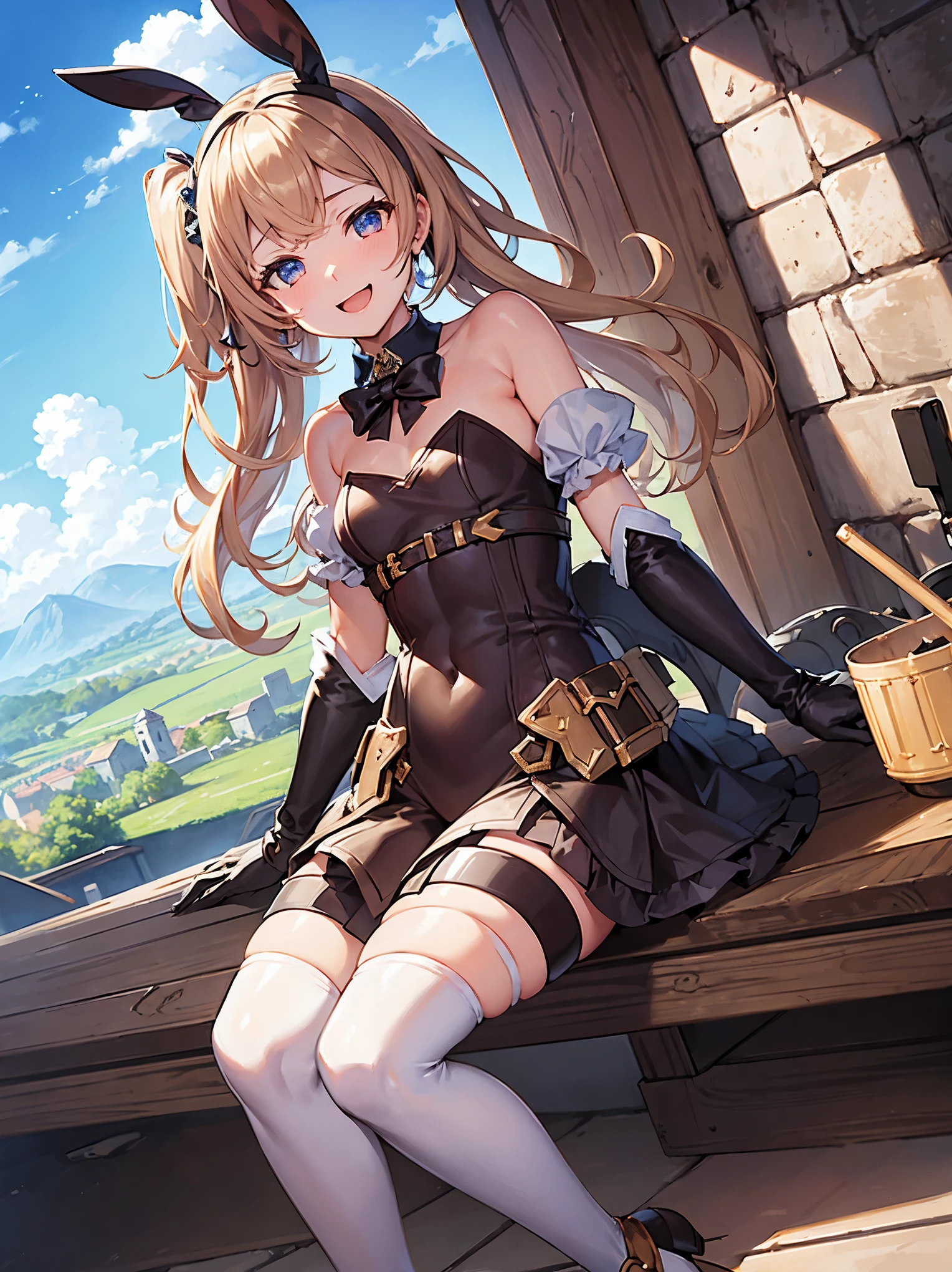 GRANBLUEfantasy,1young_teen_ girl,brown_hair,medium_bob_hair,platina_blond_hair,white_leotard,covered_crotch,thigh-highs,smile,standing,bluesky_landscape_background,slightly_spread_legs,happiness, short_gloves ,solo, r18, navel,relicbuster,short,boots,open_mouth,sitting,knees,bunny_ears