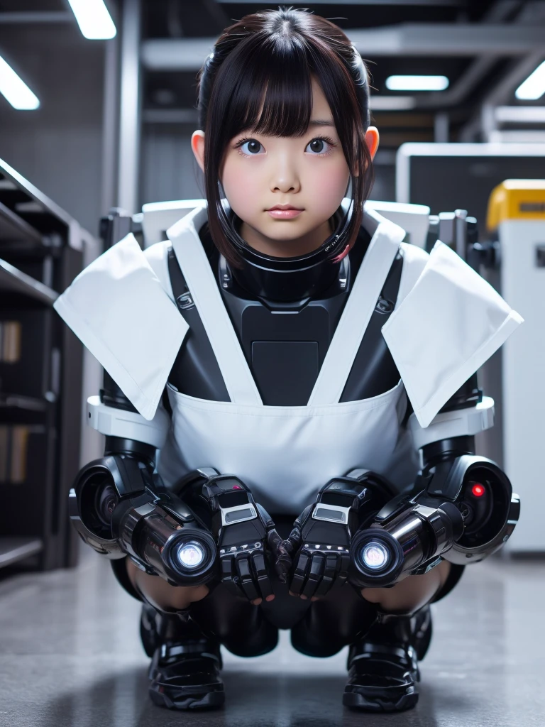 masterpiece, Highest quality, Very detailed, 8K Portrait,japanese android girl,Plump , Control panel,Robotic arms and legs, Blunt bangs,Chubby,Squat,