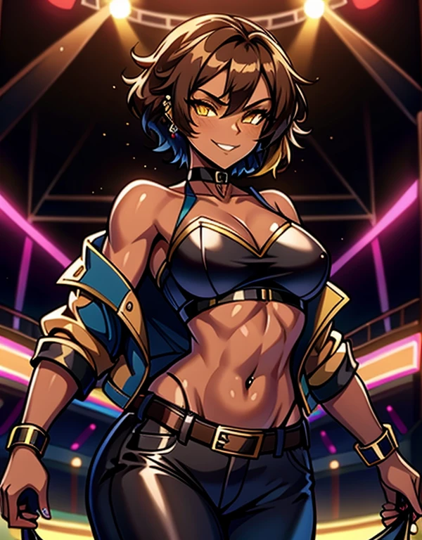 8K, (best quality, masterpiece:1.3), (detailed:1.2), 1girl, solo, 26 years old, tomboy, (shiny skin), (midriff:1.2), (tan-bronze skin), (Yellow eyes), short brown hair, medium breasts, (Cleavage), (Wearing: blue jacket, choker, Strapless black top, Belt, Black shiny leather pants), tight fitting clothing, piercings, toned, hourglass figure, athletic, snarky expression, wide smile, (agile physique:1.1), (Character Focus),Perfect Anatomy, Looking at Viewer, at a rave, nightclub background,
