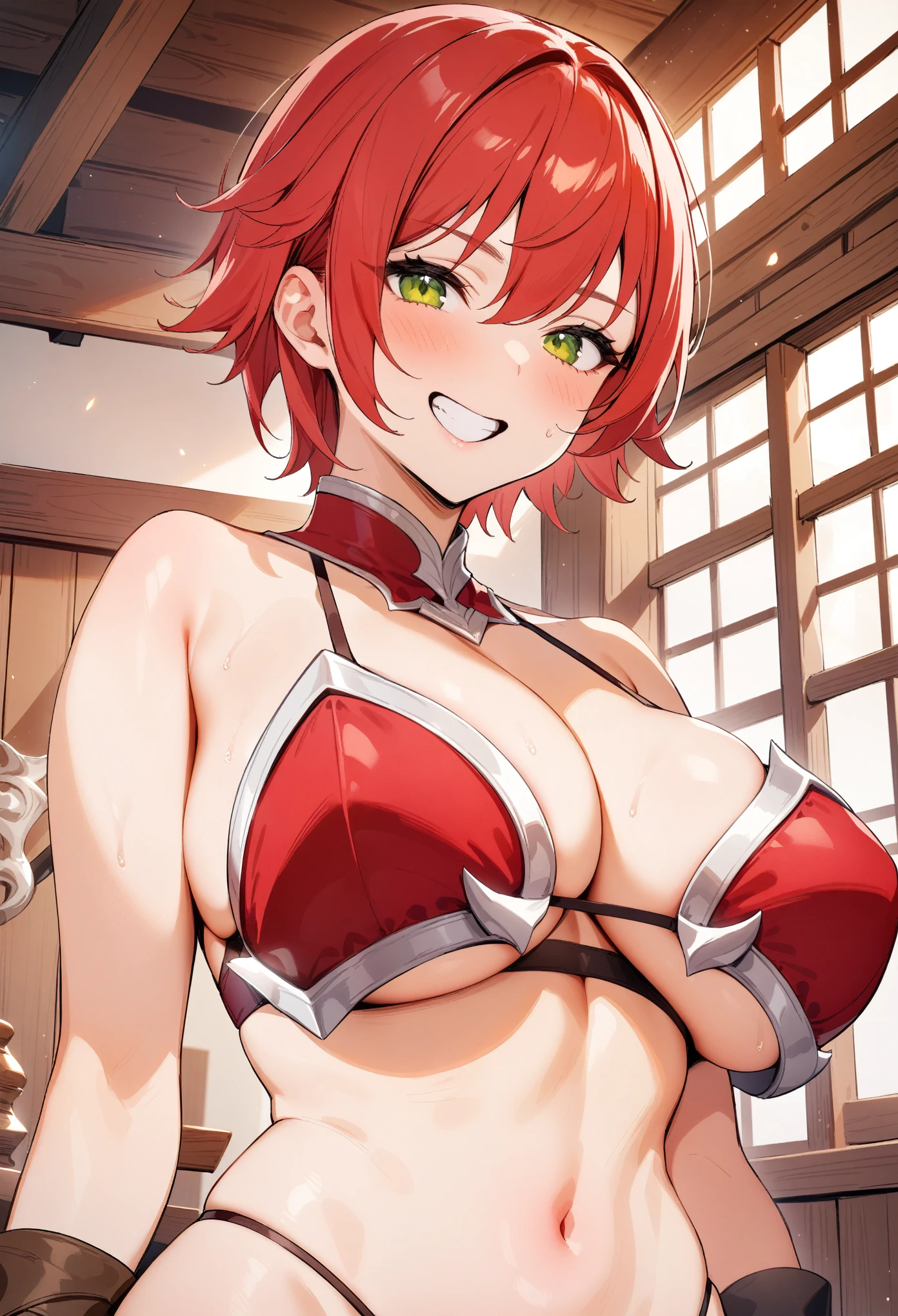 masterpiece, best quality, very aesthetic, absurdres, 1girl, upper body, short hair, red hair, breasts, bikini armor, grin, indoors, wooden architecture, fantasy