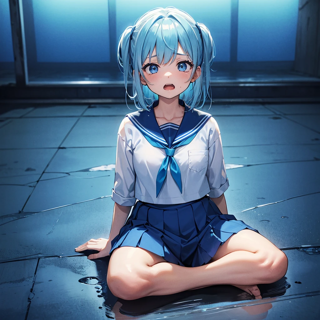 One Woman,((Sitting on the floor Sadness,Despair)) background((blue,Muddy color))Straight face,Open mouth Light blue hair,ショートボブ blue目,There are no highlights,Sailor suit without shine,blue色 ペンキがかかる,blue 