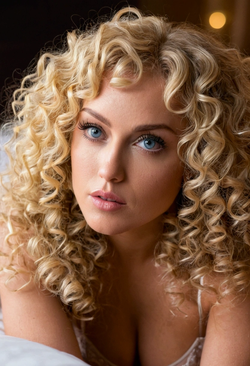 a close-up of a beautiful woman with curly blonde hair and stunning eyes, sitting seductively on a bed, sensually touching her intimate area