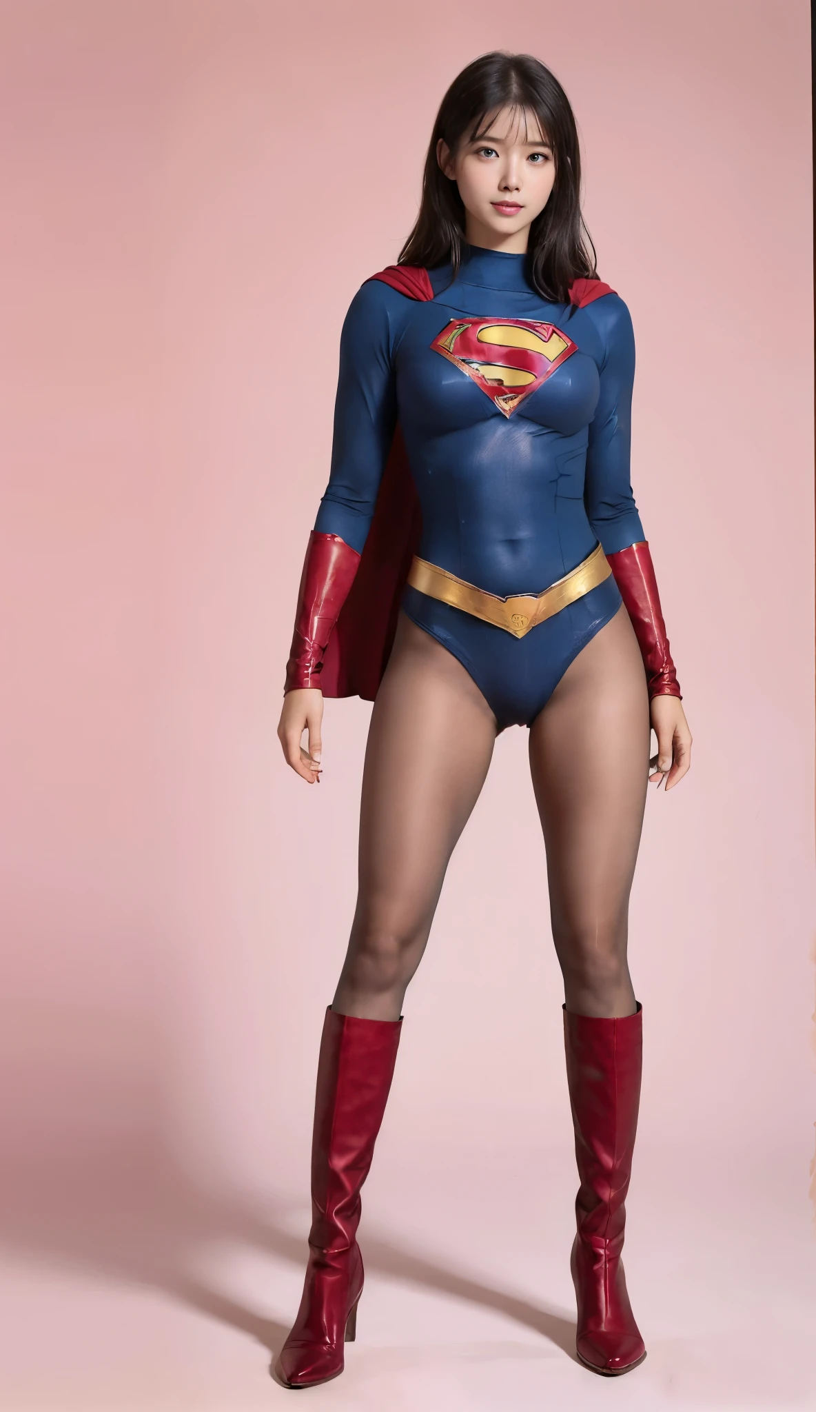 No background、(((Beautiful legs in black tights.)))、(((Legally express the beauty of your smile)))、((((Make the most of your original images)))、(((Supergirl Costume)))、(((Beautiful very short hair)))、(((suffering)))、(((Please wear black tights....、Wear red boots)))、((Best image quality、8k))、((Highest quality、8k、masterpiece:1.3))、(((Preserve background )))、Sharp focus:1.2、Beautiful woman with perfect figure:1.4、Slim Abs:1.2、Wet body:1.5、Highly detailed face and skin texture、8k