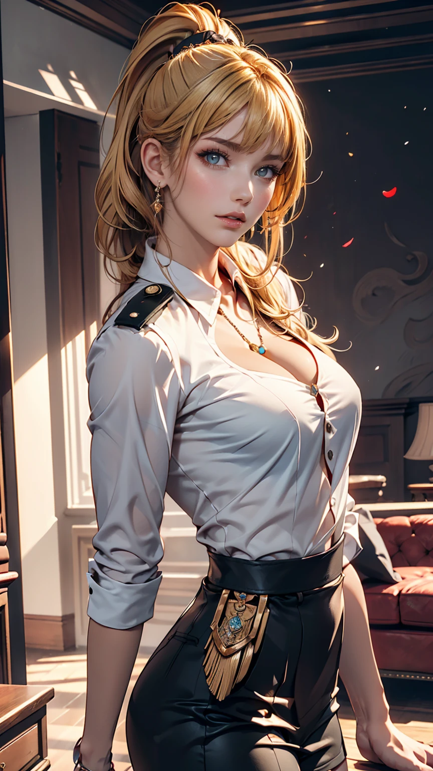 比類のないmasterpiece, Ultra-realistic 8K CG, Perfect artwork, ((The perfect woman)), Mature Woman, Narrow waist, Fascinating, clean, Beautiful Face, {Very delicate and beautiful girl} , 8k wallpaper, {{{masterpiece}} }, One girl, Blonde, blue eyes, ponytail, Police uniform, jewelry, lips, lipstick, Long Hair, Watch the audience, compensate, lips, red lips, Simple Background, alone,