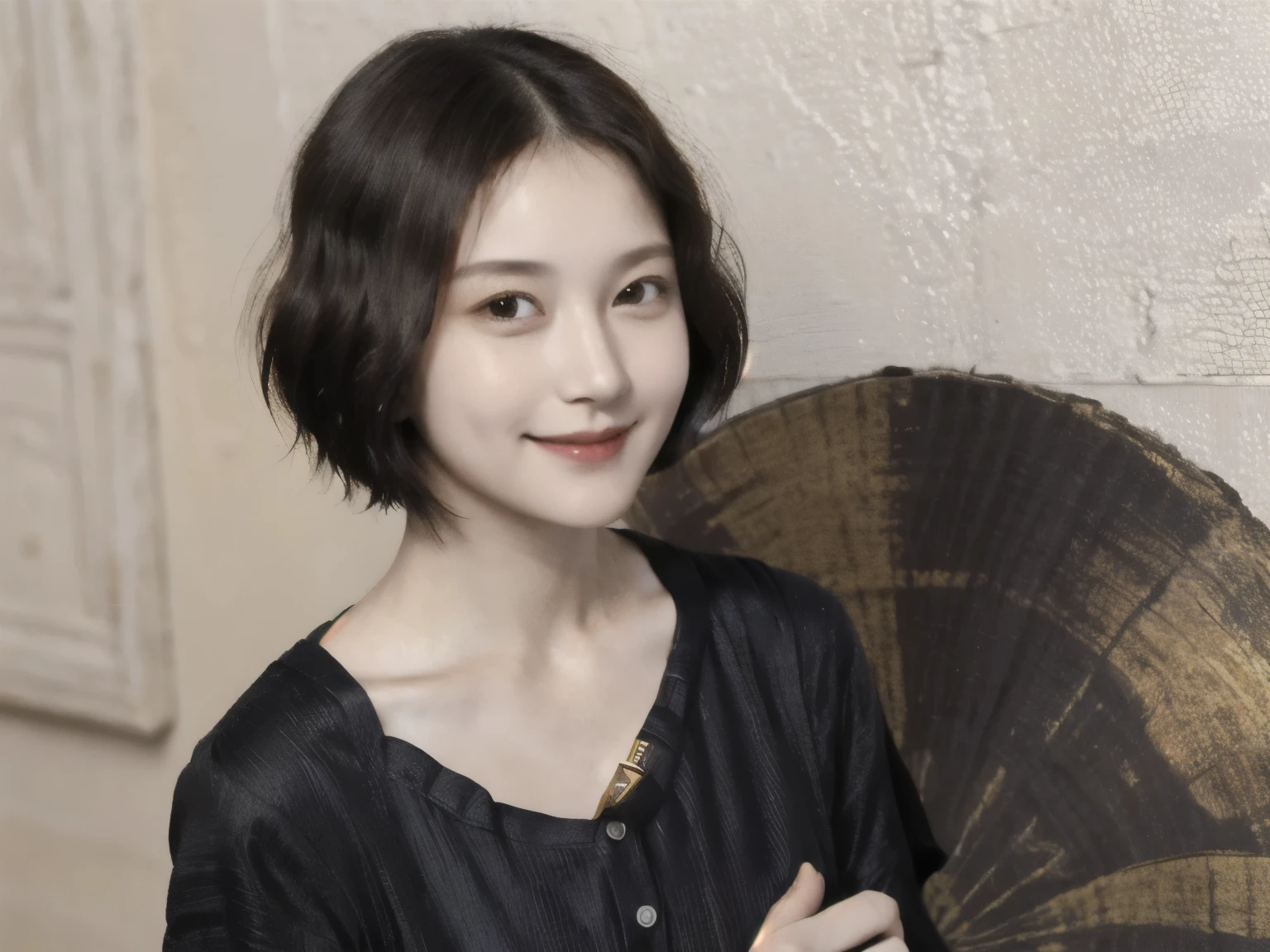265 20-year-old female,(short hair),((chest:1.5)),Old-fashioned smile,(Leonardo da Vinci'sTshirt)