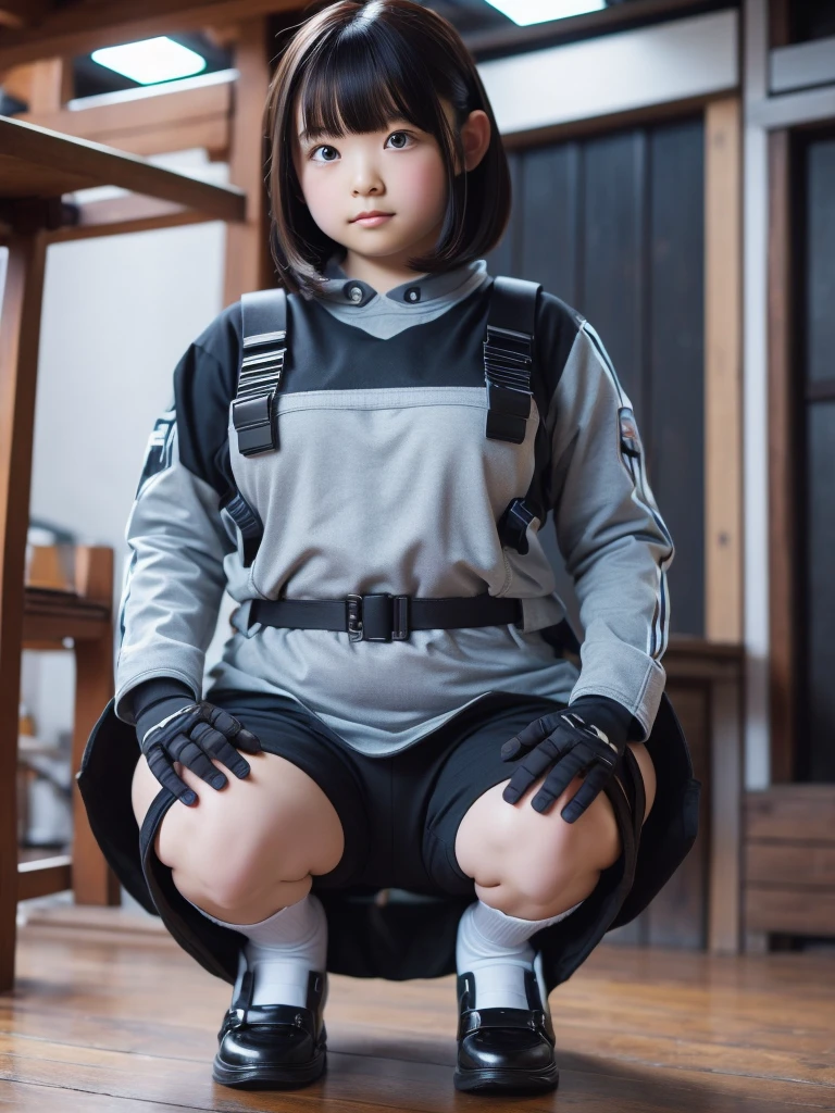 masterpiece, Highest quality, Very detailed, 8K Portrait,japanese android girl,Plump , Control panel,Robotic arms and legs, Blunt bangs,Chubby,Squat,