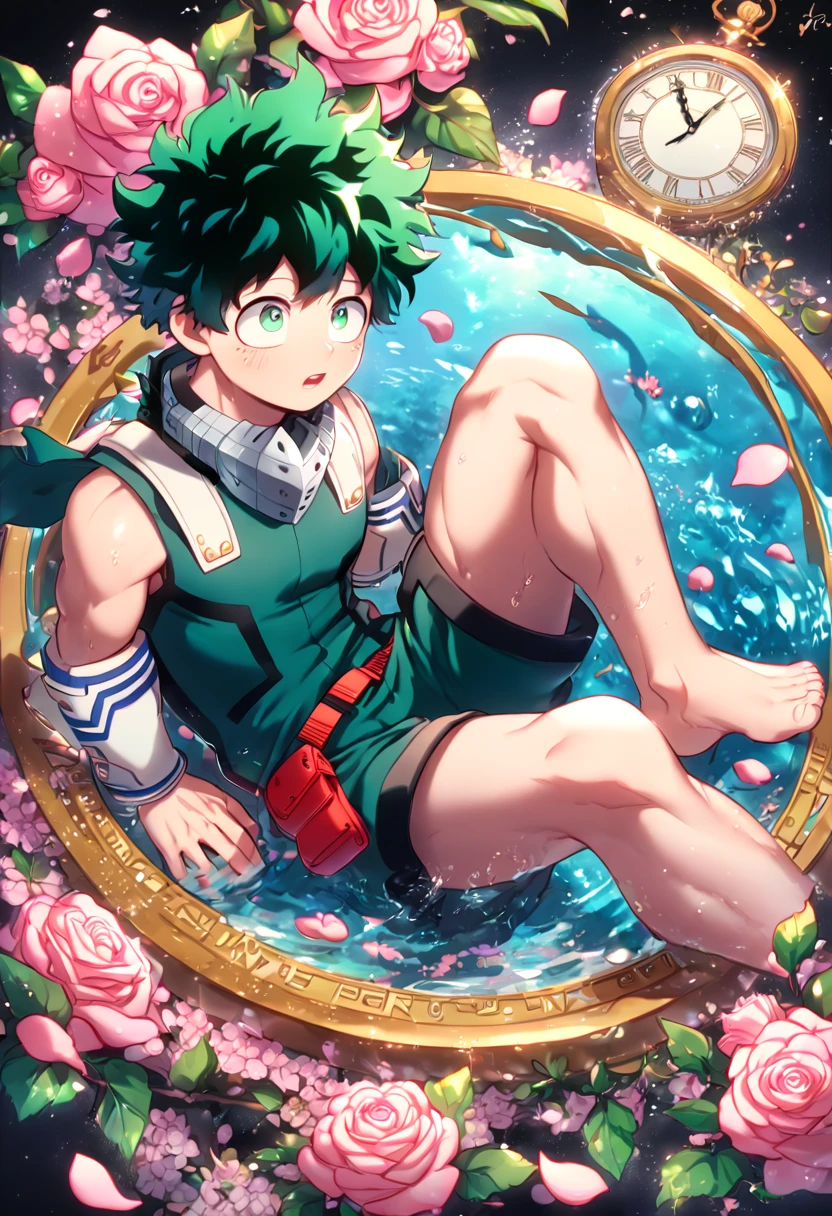 absurdres, highres, ultra detailed, HDR, masterpiece, extremely detailed, Midoriya Izuku, dark green hair, expressive green eyes, Boku No Hero Academia, solo, sexy man, handsome, sensual, horny, water, dark green hero clothes, magical, fantasy, glittering, shining, pink roses, blossoms, petals, in woderland, clock, manly man