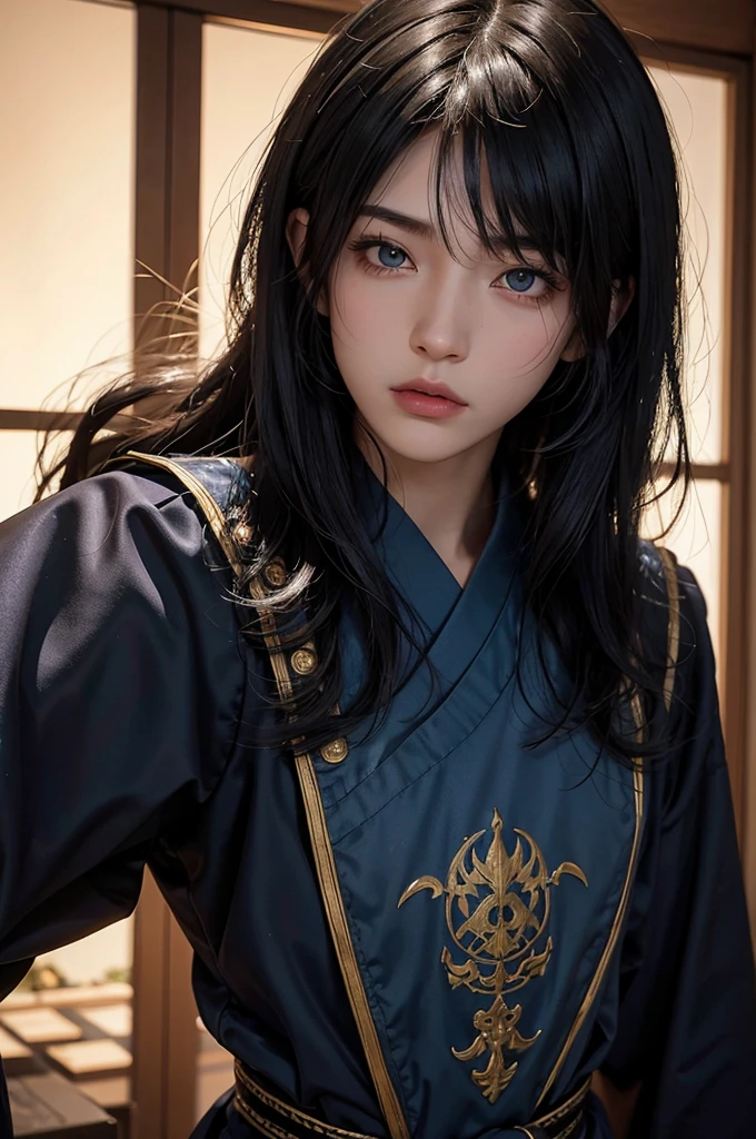 an eighteen year old Japanese, have fair skin, His eyes are blue and his hair is in an emo style with bangs covering part of his eye on the left side., the young man is six feet tall and two centimeters tall. captured in an ultra-realistic full HD 4K portrait, detailed texture showing its menacing shape, Immersive atmosphere, high definition shadow play, digitalpainting, nevoa no environment.