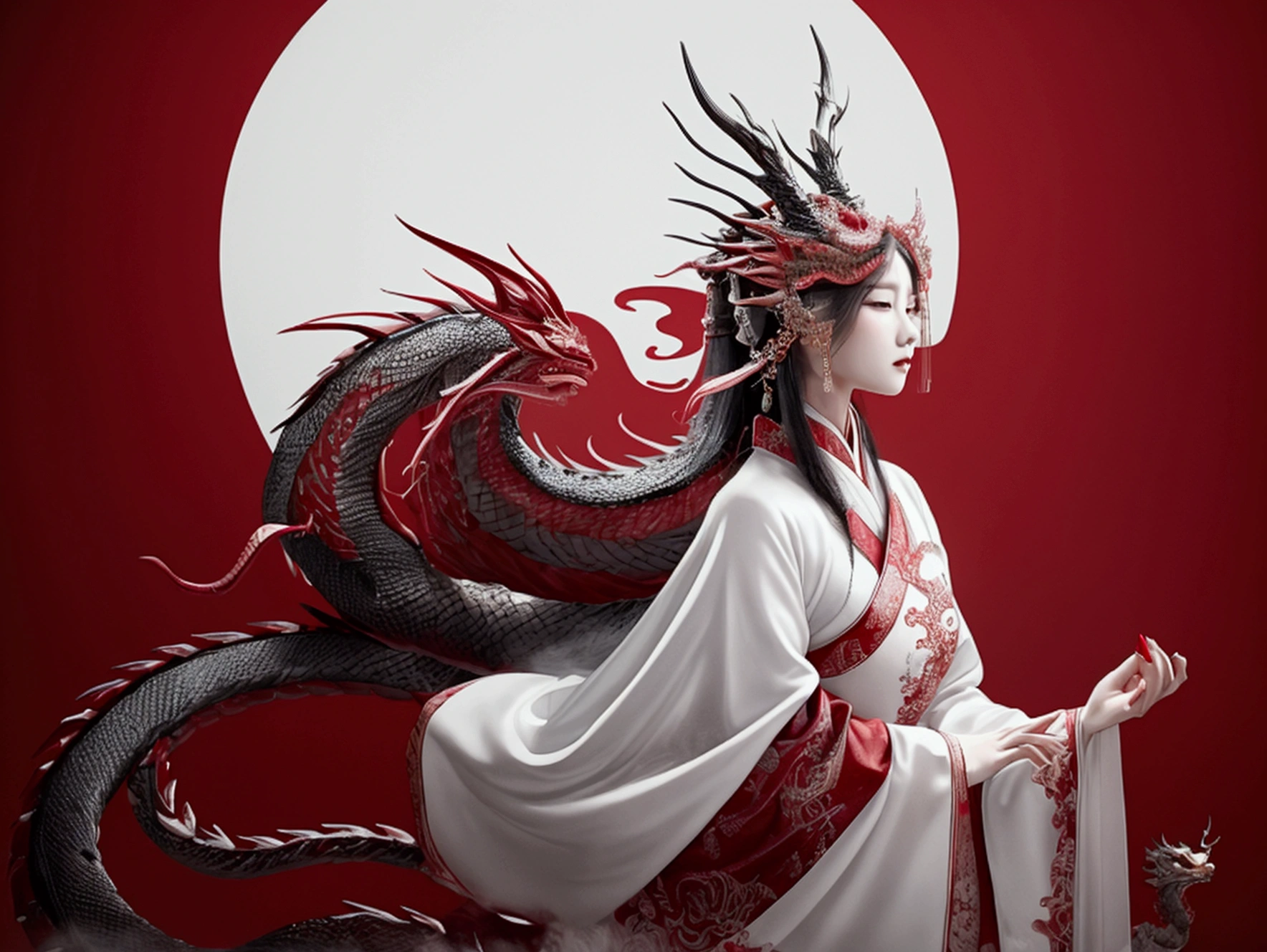 {A highly detailed and elegant illustration of a beautiful Chinese woman with long white hair, dressed in traditional white and red attire with intricate designs. She stands confidently with a majestic red and black dragon coiled around her, adding a powerful and mystical atmosphere. The background is dark, enhancing the contrast between her serene expression and the dragon's fierce presence. The composition highlights the flowing details of her hair and clothing, as well as the dragon's intricate scales, creating a visually captivating and harmonious image. --ar 16:9 --stylize 750 --v 6}
