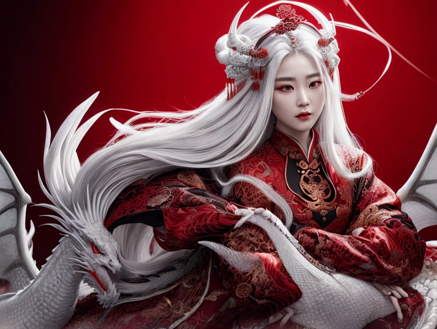 {A highly detailed and elegant illustration of a beautiful Chinese woman with long white hair, dressed in traditional white and red attire with intricate designs. She stands confidently with a majestic red and black dragon coiled around her, adding a powerful and mystical atmosphere. The background is dark, enhancing the contrast between her serene expression and the dragon's fierce presence. The composition highlights the flowing details of her hair and clothing, as well as the dragon's intricate scales, creating a visually captivating and harmonious image. --ar 16:9 --stylize 750 --v 6}
