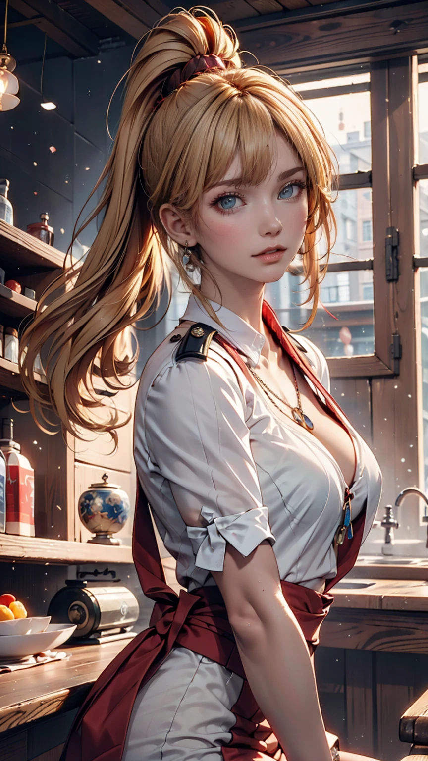 比類のないmasterpiece, Ultra-realistic 8K CG, Perfect artwork, ((The perfect woman)), Mature Woman, Narrow waist, Fascinating, clean, Beautiful Face, {Very delicate and beautiful girl} , 8k wallpaper, {{{masterpiece}} }, One girl, Blonde, blue eyes, ponytail, Police uniform, jewelry, lips, lipstick, Long Hair, Watch the audience, compensate, lips, red lips, Simple Background, alone