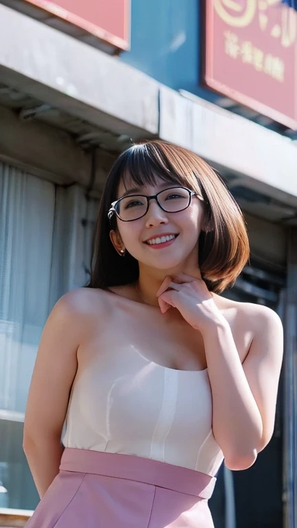 Browsing Caution,1 female,beauty,Beautiful Face,Detailed face、10th Generation、smile、(Blushing cheeks and embarrassed expression:1.35)、Crouch down and observe the audience,A dignified appearance、((Plump Style))、(heavy, Saggy breasts:)、Chest puffing pose,Glasses、Upper body naked、Nipples are visible