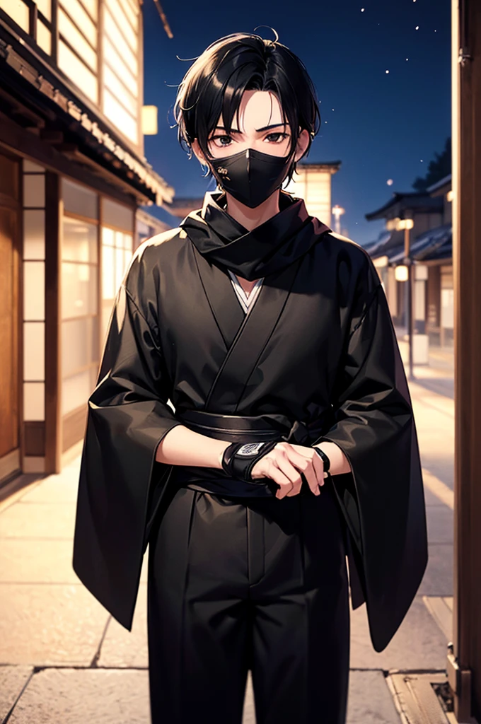 (((masterpiece; best quality: 1.2))), (finely detailed eyes: 1.3), (25 year old man), (solo), (black eyes: 1.4), (body shape; lean, masculine: 1.3), (very short black hair: 1.3), (beautiful and clear background: 1.2), ((depth of field)), (equipment: black shinobi clothing + modest + black kimono + black pants + black scarf + black bracers + black fingerless gloves: 1.3), (anime illustration: 1.2), (background composition; old japanese mansion + night: 1.1), (extremely fine and handsome: 1.1), (shot composition; standing + centered on torso + close-up: 1.5), (facial expression; calm, stoic: 1.2)
